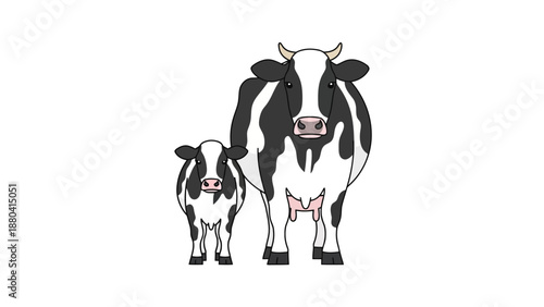 Two cartoon cows one large one small standing on a white background