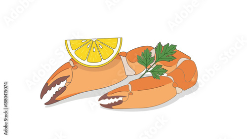 Two crab claws with lemon slice and parsley garnish on a white background