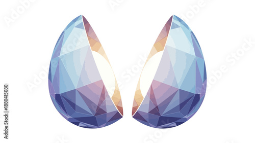 Two halves of a faceted eggshaped crystal split down the middle