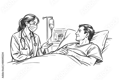 Doctor consulting patient in hospital bed, compassionate hand drawn sketch style medical care vector illustration