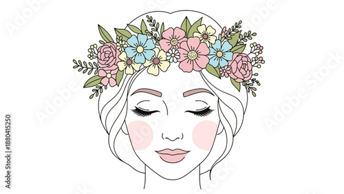 Woman wearing a flower crown with eyes closed and rosy cheeks