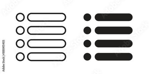 Bulleted list icons vector glyph and thin line. Black icons