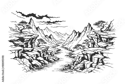 Epic canyon and mountain rift landscape with dramatic cliffs, detailed hand drawn engraving style wilderness vector illustration
