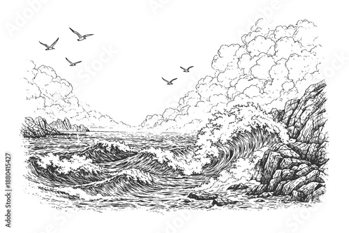Dramatic stormy sea with crashing waves and rocky coastline, detailed hand drawn vintage engraving style ocean landscape vector illustration