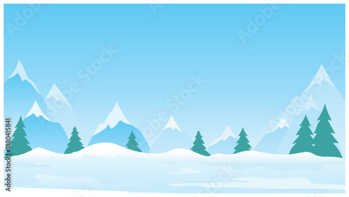 Winter mountain landscape illustration with snow, pine trees and blue sky background
