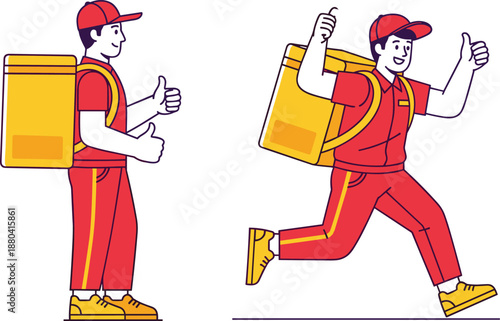 Delivery courier man in red uniform with yellow thermal backpack giving thumbs up and running for fast food shipping service.