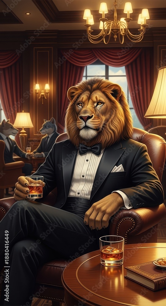 Fototapeta premium Anthropomorphic lion in formal attire relaxes in an opulent indoor setting with drinks