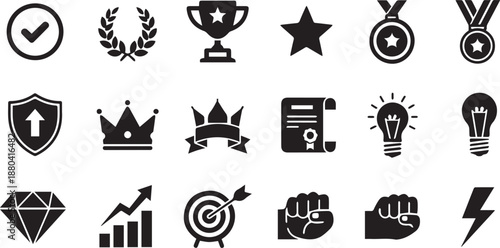 Comprehensive Achievement and Success Icon Set Featuring Trophies, Medals, Growth Charts, and Power Symbols