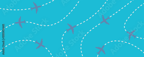Airplane flight path pattern with dotted routes on blue sky. Vector background for travel cover, poster design.