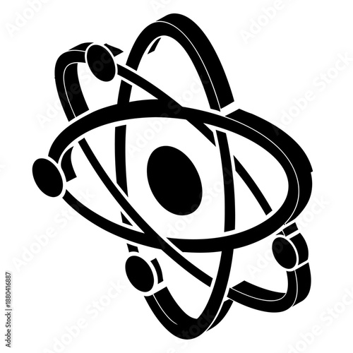 Minimal Black and White Atom Icon in Flat Vector Style Isolated on White Background