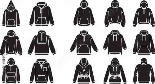 Solid Black Hoodie and Sweatshirt Templates with Diverse Streetwear Apparel Silhouettes