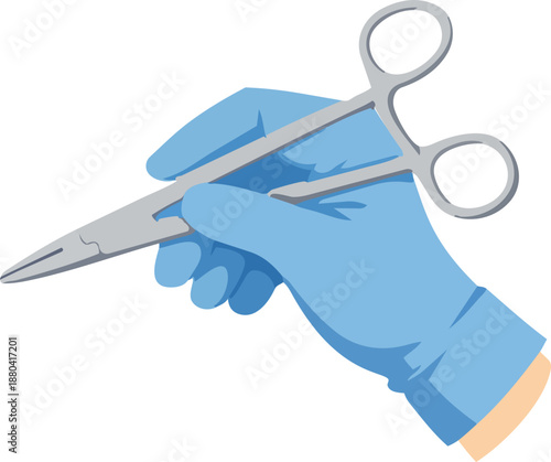 A blue medical glove grips a surgical forceps against a solid black background in a clean flat illustration style.