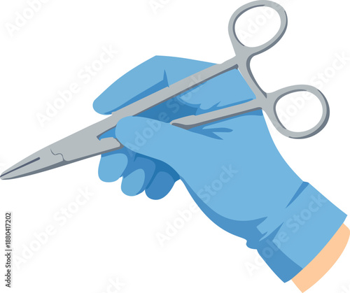 A blue medical glove grips a surgical forceps against a solid black background in a clean flat illustration style.
