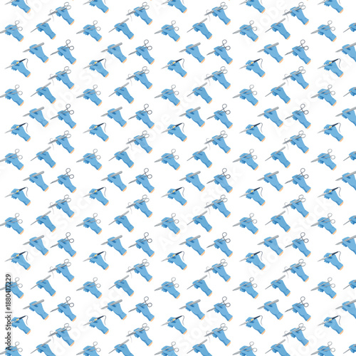 A seamless repeating pattern features blue-gloved hands holding surgical scissors and medical instruments, creating a clean medical-themed