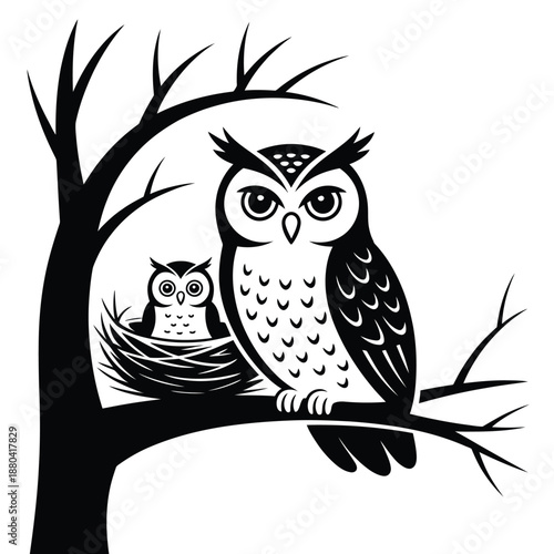 two owls sitting on a tree branch with one in a nest