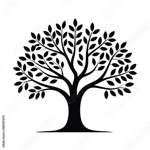 Simple black silhouette of a tree with dense foliage and sturdy trunk