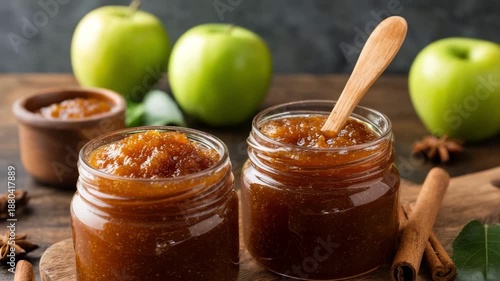 Homemade apple jam in glass jars with cinnamon sticks on rustic wooden table. Homemade Apple Butter in Jars, concept of homemade preserves