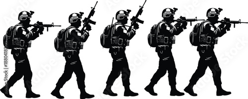 Tactical soldier walking silhouette sequence, armed military patrol movement, special forces combat march, security defense illustration set isolated