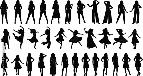 Women, silhouettes, dancing, standing, poses, fashion, lifestyle, movement, expression, collection, female, human, figures, black, shadow, elegant, confident, isolated, white, background