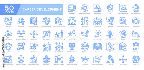 Career Development collection set. Assessment, Certification ,Skill Development, Project Management, Retetion, Counselling , Success, Soft Skills, icon. Simple Blue vector illustration