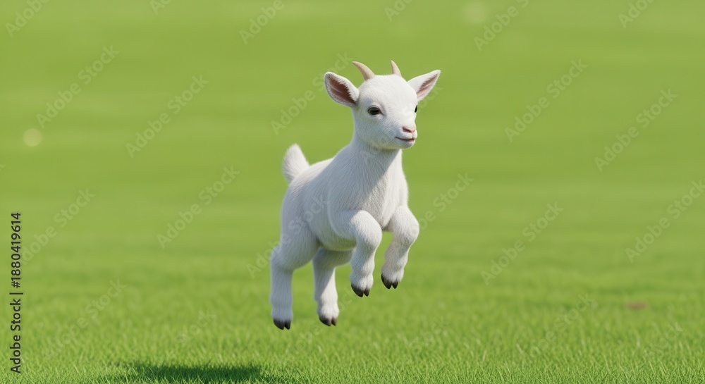 Fototapeta premium Small white kid goat leaps happily across a bright green pasture