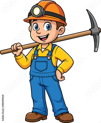 Cartoon miner character vector, smiling worker with pickaxe, mining profession illustration, construction theme, educational content, safety gear, underground job, children’s design
