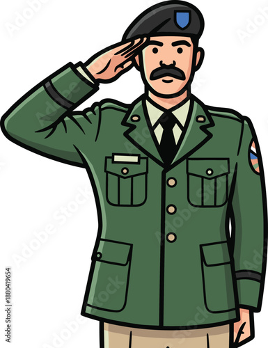 Cartoon military soldier saluting in uniform, army officer character illustration, patriotic service concept, flat vector design, isolated on white background