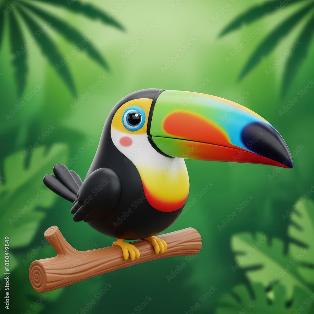 Fototapeta premium Cute stylized bird with a large colorful beak perched on a brown branch in a lush green forest