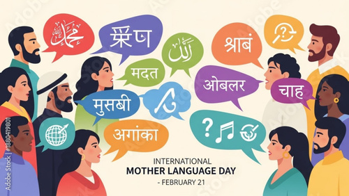 Diverse people celebrating international mother language day with multilingual speech bubbles