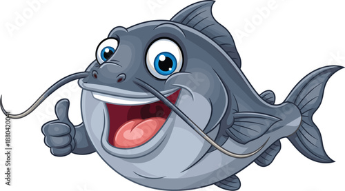 Cute cartoon catfish illustration with smiling face and thumbs up gesture, funny aquatic character vector design for kids, mascot, logo, branding use