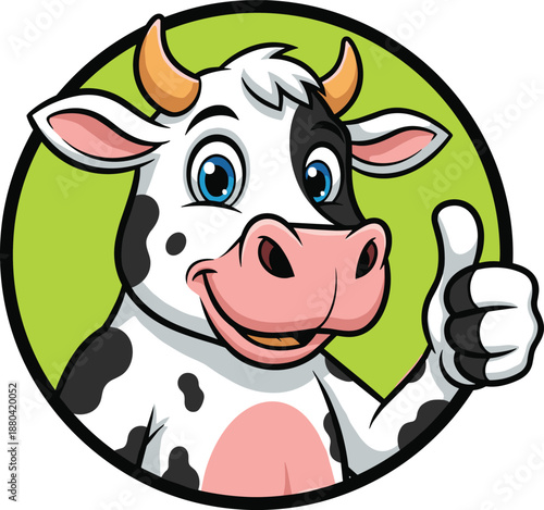 Cute cartoon cow mascot illustration, smiling dairy animal giving thumbs up inside green circle badge, friendly farm logo vector character for branding marketing