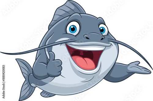 Cute cartoon catfish mascot illustration with smiling face and thumbs up gesture, friendly aquatic character vector design for kids, branding, logo, education