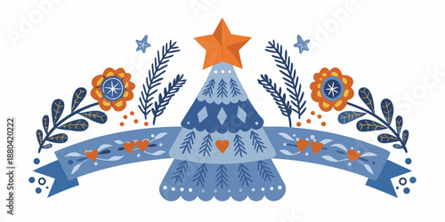 Festive folk art illustration featuring a stylized christmas tree and decorative elements