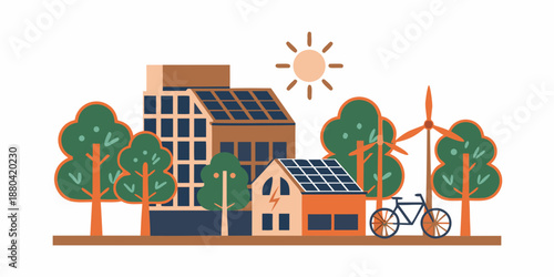 Sustainable city illustration with solar panels wind turbine and green trees