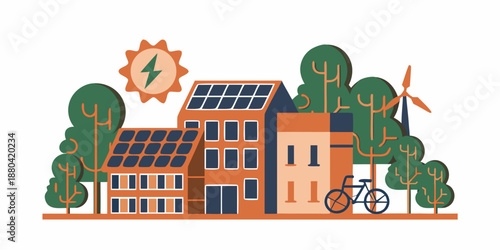 eco friendly buildings with solar panels and wind turbine