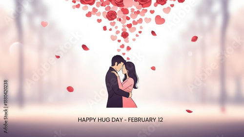 Couple embracing under heart shaped balloons and rose petals on happy hug day february 12 romantic gesture