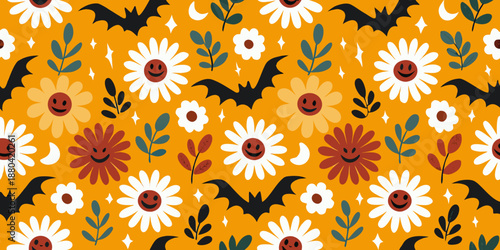 halloween themed floral pattern with bats and flowers