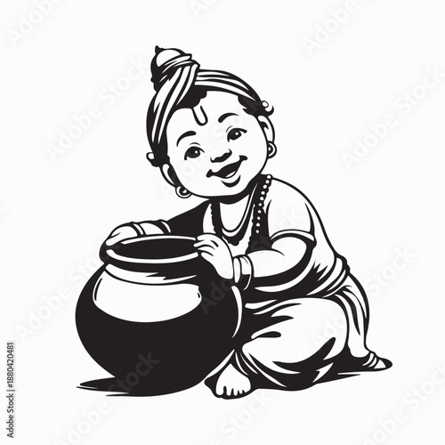 Baby Krishna Crawling with Butter Pot Image Vector Isolated on White Background
