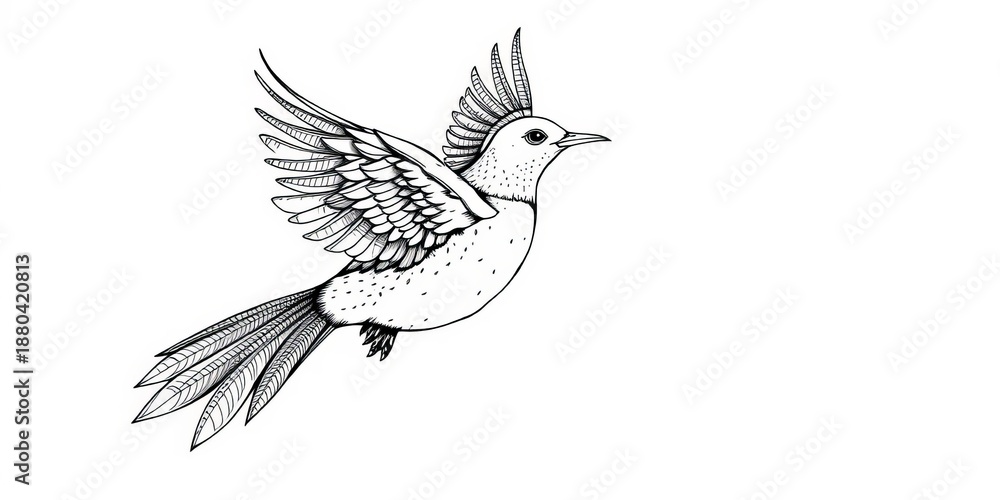 Fototapeta premium Intricate black ink line drawing of a stylized bird in flight, vector, simple