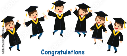 Happy cartoon graduation students celebrating success, jumping boys and girls wearing caps and gowns, education achievement illustration, cheerful flat vector design