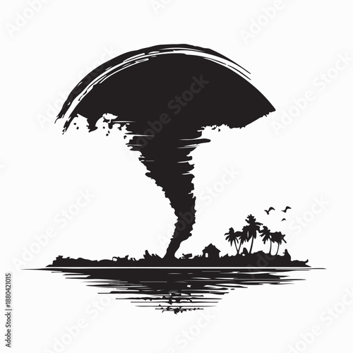 Tornado at Sea Seen from the Shore Silhouette Vector on white Background