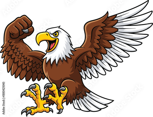 Powerful cartoon eagle with wings spread, flexing strong arm, fierce patriotic bird mascot illustration, bold animal character, flat vector design, isolated white background