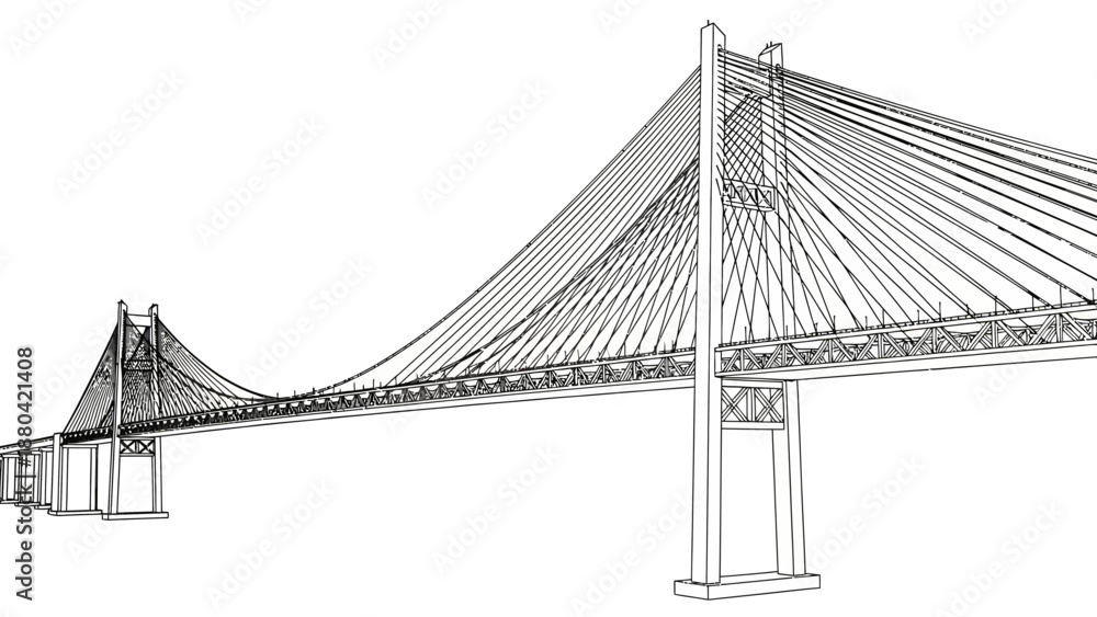 Fototapeta premium Cable-stayed bridge architectural drawing on white background.