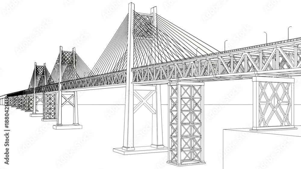 Fototapeta premium Detailed technical drawing of a cable-stayed bridge with multiple pylons and piers.