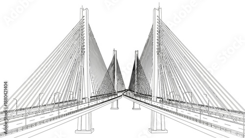 Detailed architectural drawing of a modern cable-stayed bridge with symmetrical design and multiple towers.