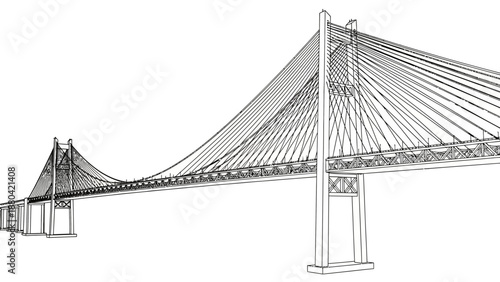 Cable-stayed bridge architectural drawing on white background.