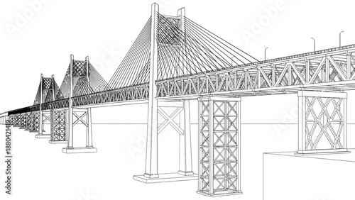 Detailed technical drawing of a cable-stayed bridge with multiple pylons and piers.