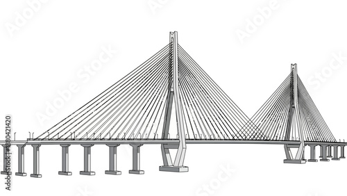 Cable-stayed bridge with multiple pylons and cables.