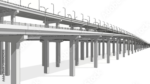 Elevated highway with streetlights on a white background.