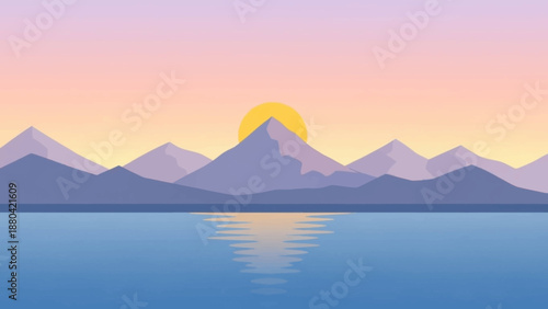 Serene mountain landscape with calm lake at sunset.
